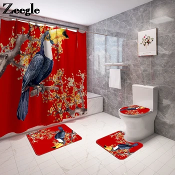 

Bird Print Bath Mat Shower Curtain Waterproof Toilet Carpet Microfiber Bathroom Decoration Home Anti Slip Rug Set 4PSC