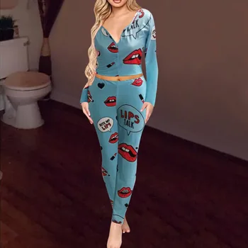 

Stretchy Sexy Skinny Pajamas For Adults Women Plus Size Button Bodysuit 2 PCS Set Sleepwear Ladies Sexy Rompers Party