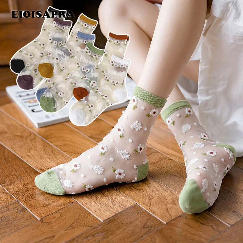 New Product Spring Summer Small Fresh Transparent Bud Silk Ultrathin Short Socks Fashion Trend Glass Wool Flowers Women | Женская одежда