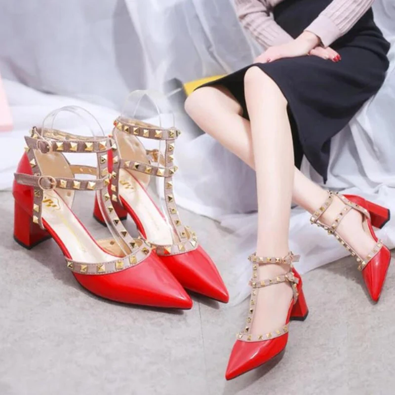 

Women Mid-Heeled Pointed Rivet Shoes For Ladies White Red Black Office OL wear Leather Thick heeled Party Wedding Shoes New 2020