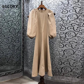 

New Korean Fashion Style Dress 2020 Autumn Women O-Neck Lantern Sleeve Mid-Calf Length Solid Kahki Dress Ladies Elegant Workwear