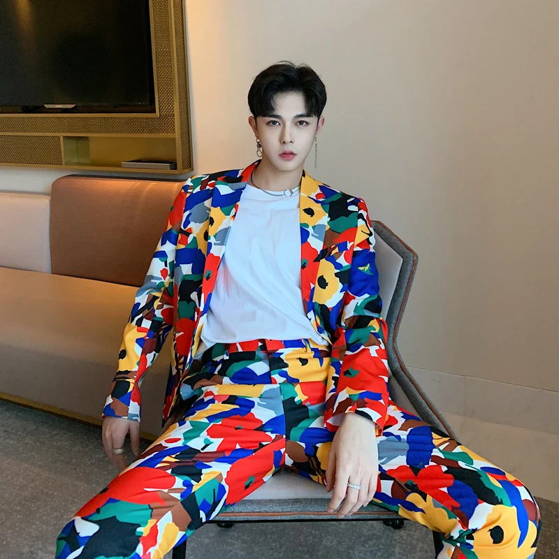 

2019 Vintage Camouflage pattern printed men suits Fashion casual Slim fit Party show Wedding mens suits two piece blazers+pants