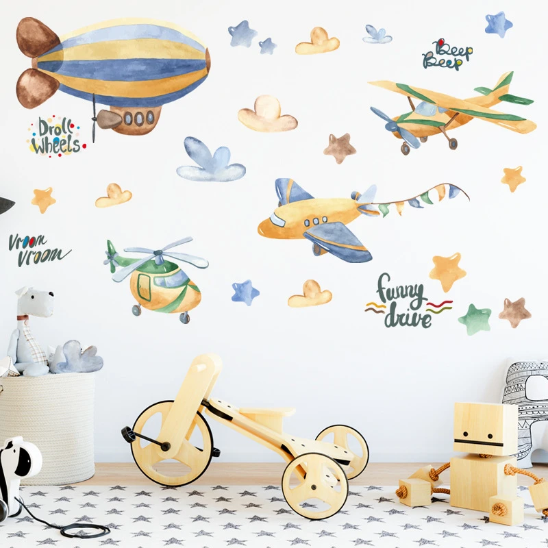 Room Decor Wall Sticker Cartoon Kids Funny Airplane Fly Sky Nursery Room Decal
