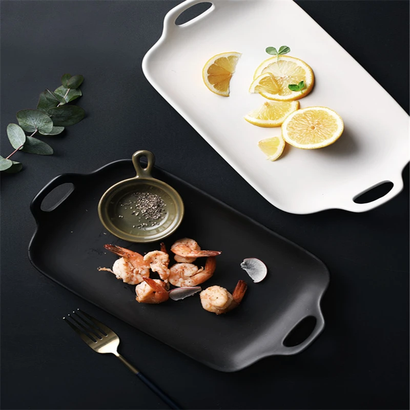 

Creative Retro Salad Tray Home Ceramic Baking Plate With Handle Rectangular Dessert plate Home Tableware Dish Kitchen Supplies