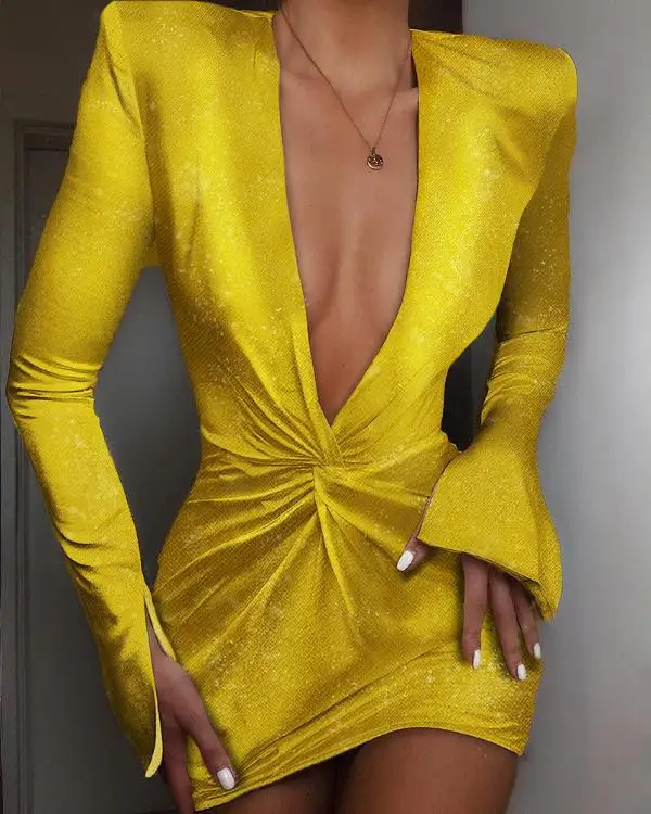 

Glitter Plunge Padded Shoulder Twisted Design Dress