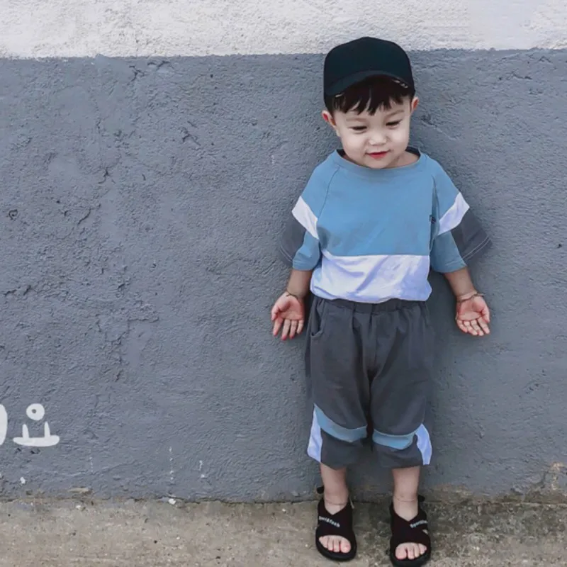

New 2-7Y Summer Children Set Baby Boys Short Sleeve Patchwork Color T-shirt Blouse+Shorts Casual Outfits Set