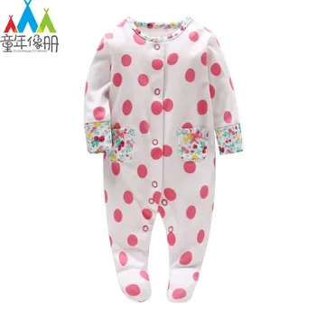 

Picturesque Childhood Baby Girl Big Pink Dot and Flowers Print Footies Newborn Pajamas Infant Pure Cotton Clothes 1