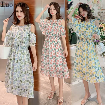 

2020 Summer New Chiffon Off Shoulder Floral Dress Women A-Line Fashion Printed Casual Dresses Women's Boho Beach Sundress Female