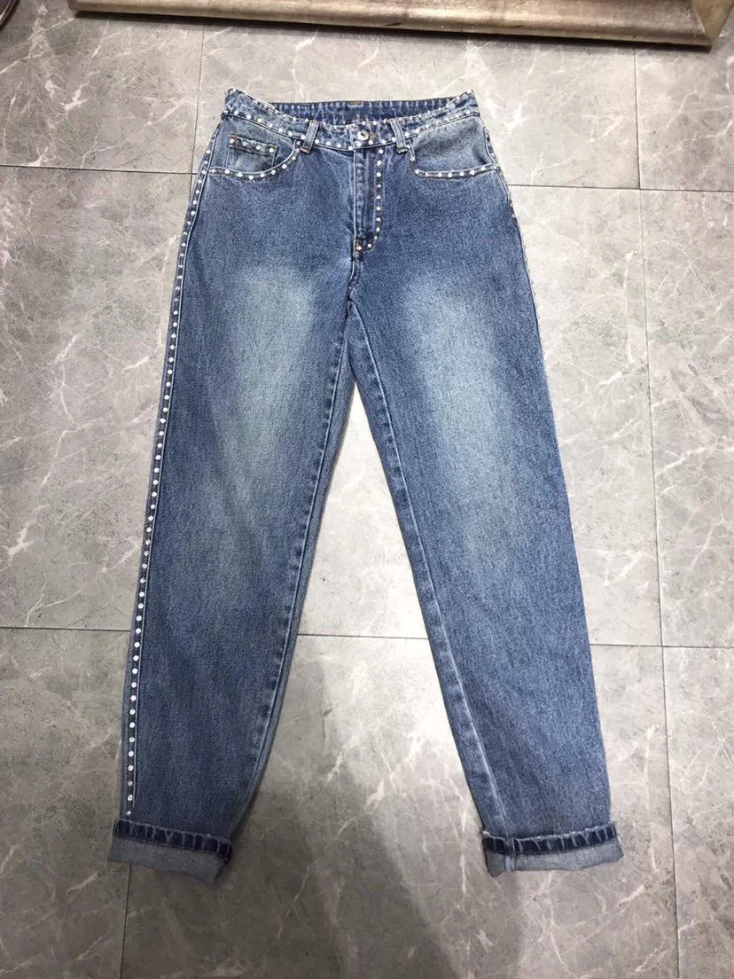 

2019 ladies fashion slim beaded denim trousers 0816