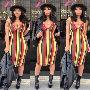

2020 Fancy Sexy Women Striped Bandage Party Sundress Deep V Neck Striped Colorful Package Hip Dresses Ladies Club Summer Vestido