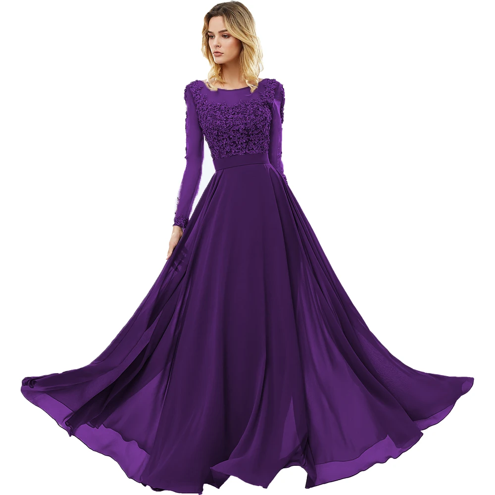 Vestido de festa, серое шифоновое длинное вечернее платье, сексуальное, с открытой спиной, с длинными рукавами, кружевное платье для выпускного вечера, Vestido Longo - Цвет: Фиолетовый