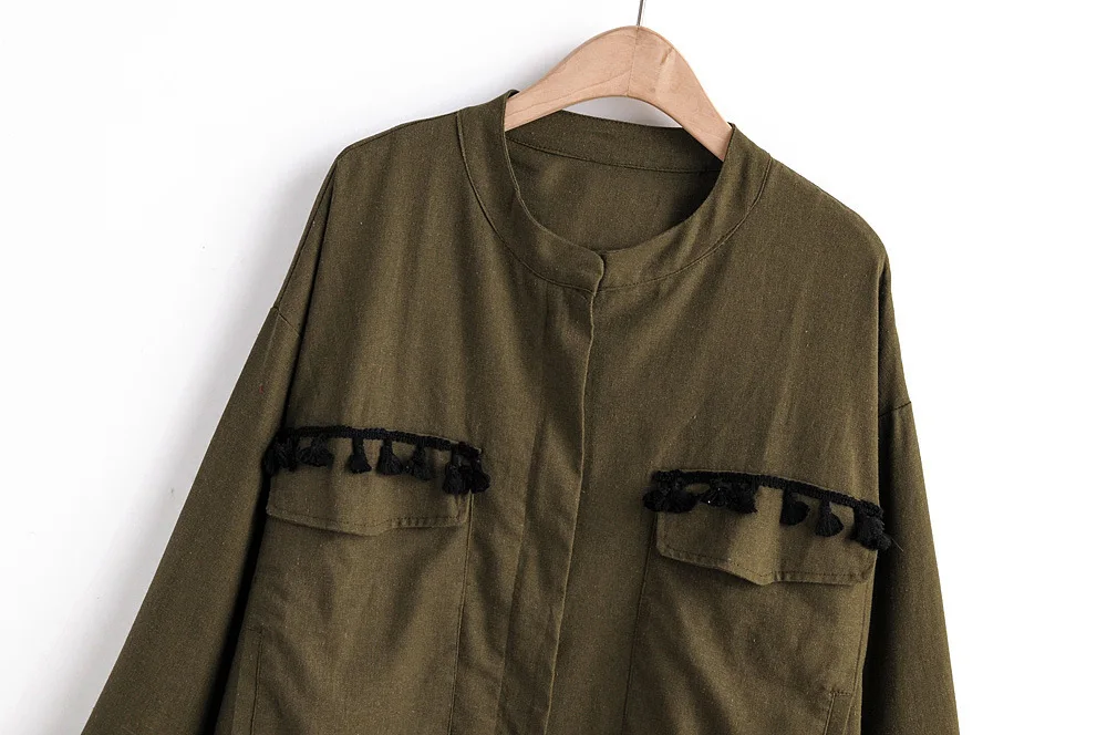 

Europe And America WOMEN'S Dress 2019 Spring And Autumn New Style Loose-Fit Stand Collar Tassels Large Pocket Jacket Women's