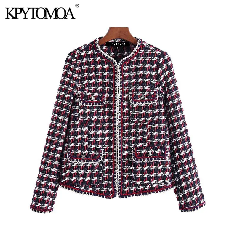 

Vintage Stylish Plaid Tweed Jacket Coat Women 2020 Fashion Long Sleeve Pockets Female Outerwear Chic Tops