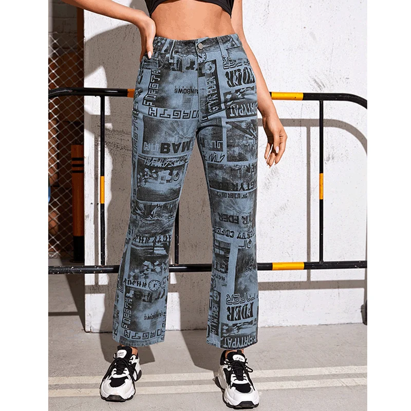 

Women's Jeans 2020 Hot Style Straight Leg Pants Autumn and Winter Retro High Waist Print Graffiti Jeans Fashion Street