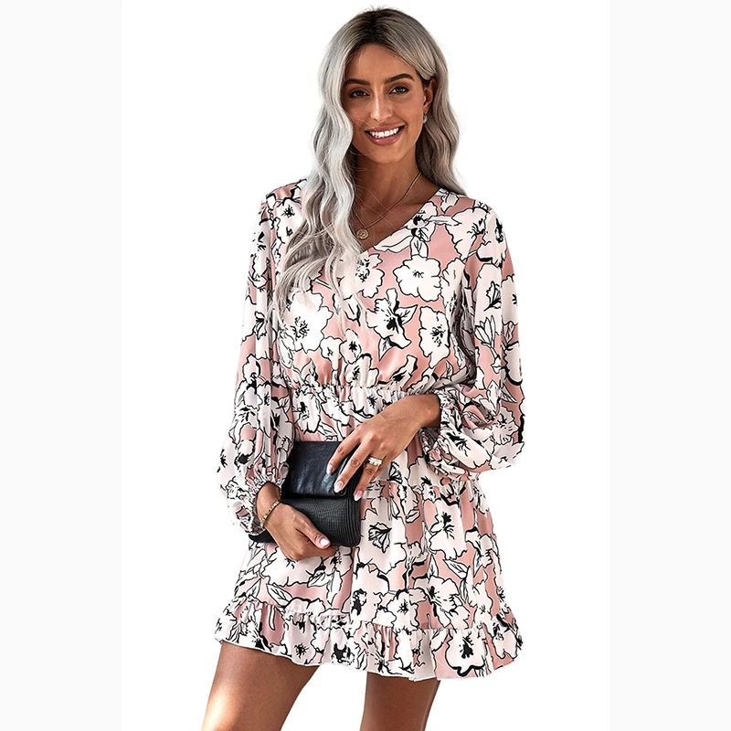 

Summer Korean Style V Neck Lantern Sleeves Floral Tunic Ladies Dresses Women