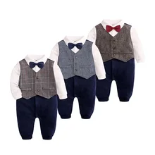 Barboteuse pour nouveau né garçon, ensemble de smoking avec nœud papillon, costume de petit homme, gilet en coton complet + combinaison pour enfants