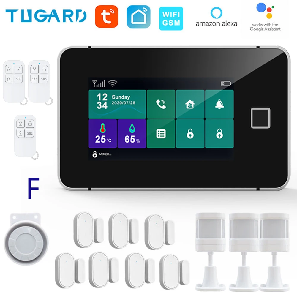 TUGARD G60 Tuya WiFi Gsm Security Alarm System Fingerprint Armed Temperature Humidity Display 433MHz Wireless Smart Home Burglar house alarm keypad Alarms & Sensors