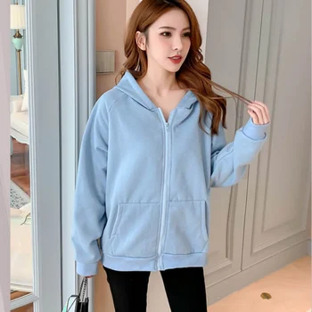 

Women Sweatshirt Zip-up Hoodies Long Sleeve Hooded Tops Loose Casual Female Pockets Sweatshirt 2019