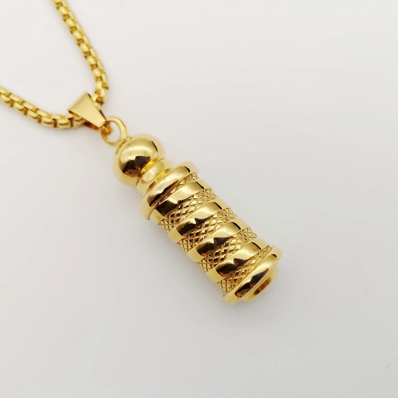 

Gold color stainless steel carved Cylinder pendant necklace Unique fashion jewelry barber shop circular column necklace