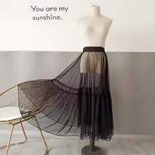 2020 Summer Vintage See Through Skirt Womens Elastic High Waist Tulle Skirts Long Pleated Mesh Tutu Skirt Female Jupe Longue 2XL