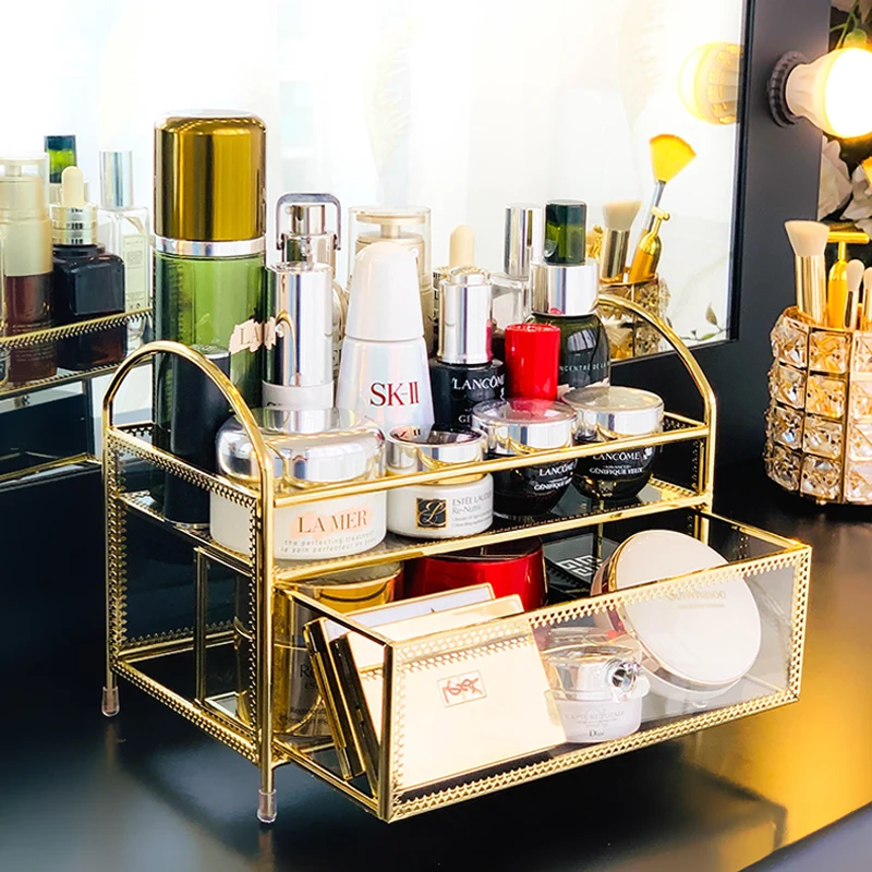 New Arrival Gold Glass Clear Makeup Organizer Perfume Lipstick Cosmetic Storage Display Box Case Stand Rack Holder Organizer