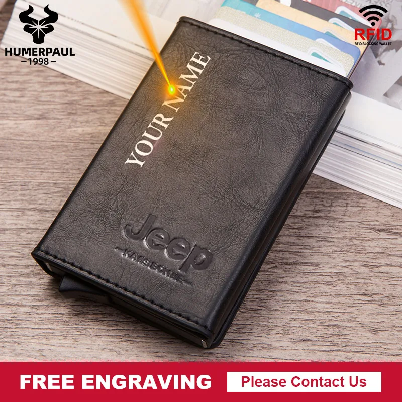 Гравировка винтажный из искусственной кожи Алюминий RFID мужской держатель для визиток тонкий выдвижной