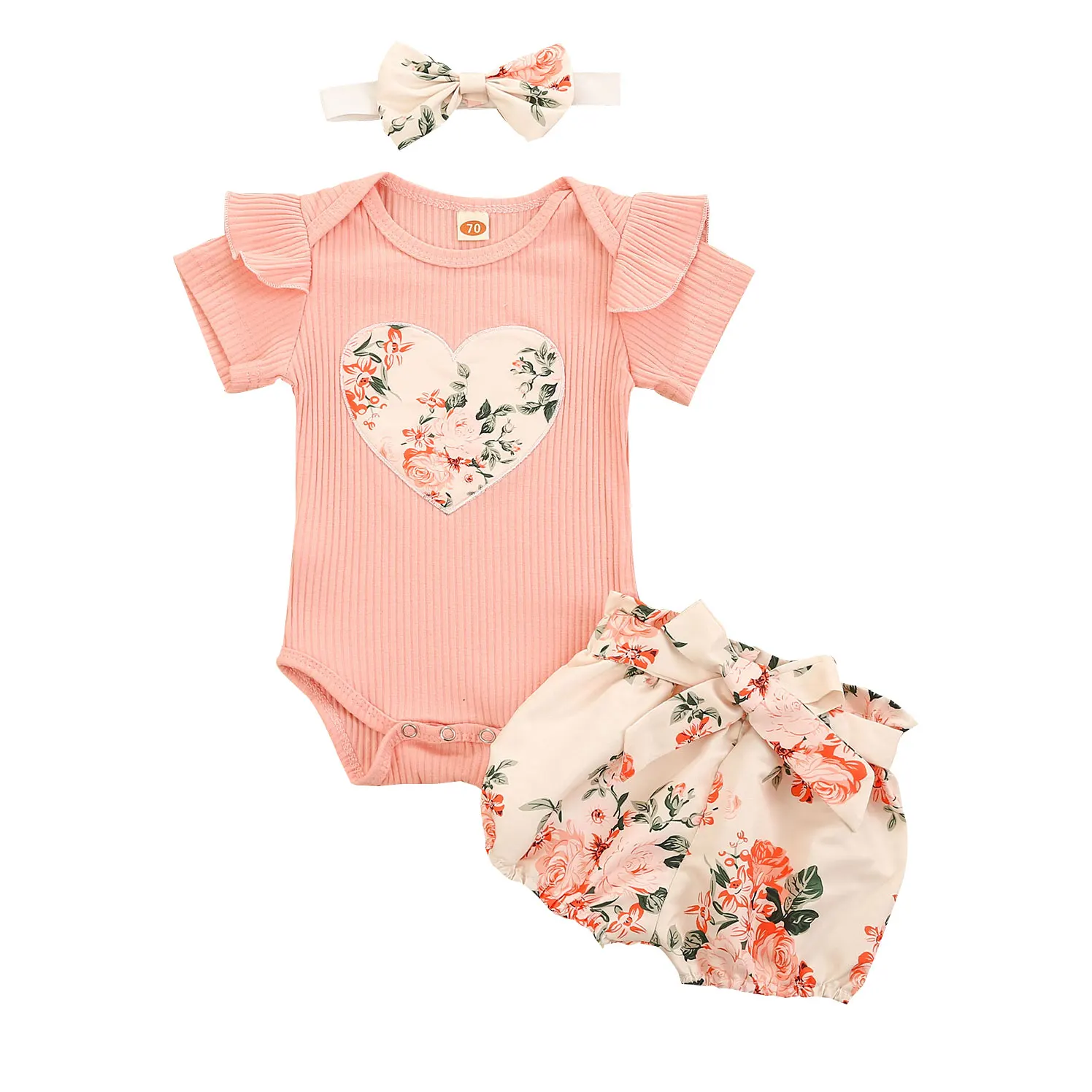 Citgeett Baby Girl Summer Outfit – Ruffle Romper, Floral Shorts & Headband 1