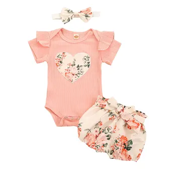 Citgeett Baby Girl Summer Outfit – Ruffle Romper, Floral Shorts & Headband 1