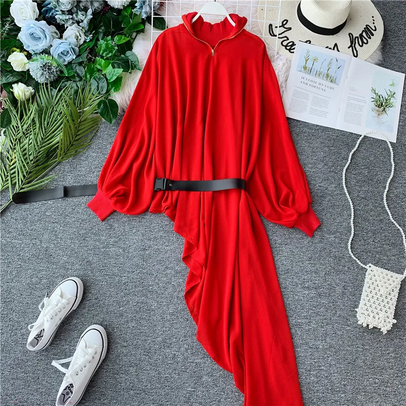 

Amolapha Women Solid Irregular Dress Long Sleeve Zip Turtleneck Sashes Dresses for Woman