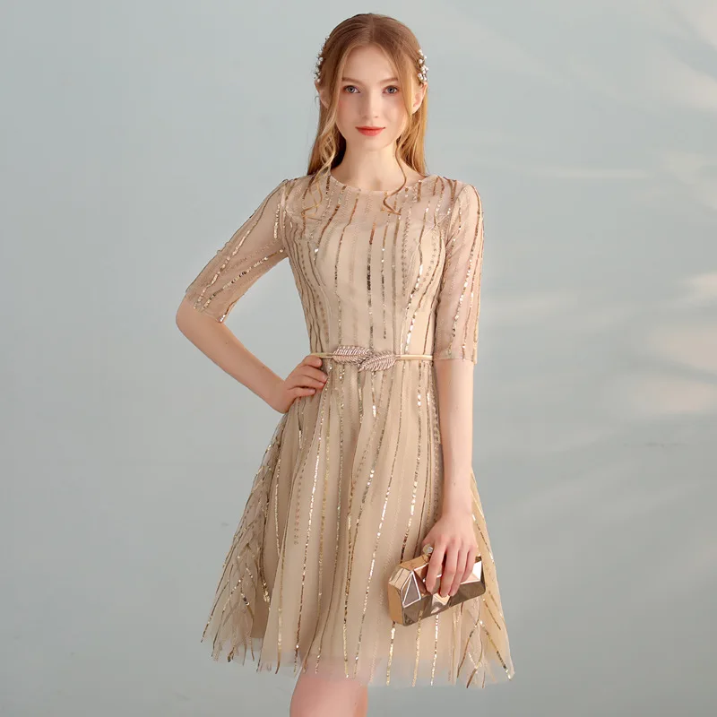 Коктейльное платье с круглым вырезом, модные дизайнерские Элегантные Короткие коктейльные платья, украшенные блестками, тонкий халат с коротким рукавом De Soiree LX324 - Цвет: Золотой