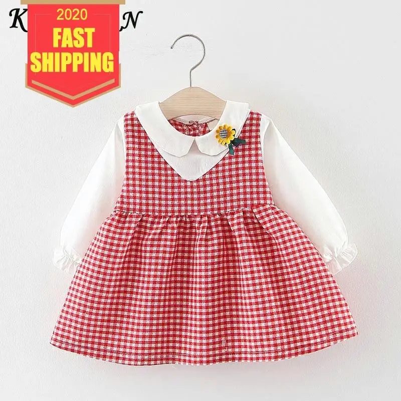 Keelorn Baby Dress 2020 Spring New Girls Infantile Dresses Cotton Children's Clothes Flower Plaid Kids Fake 2pcs Princess | Детская