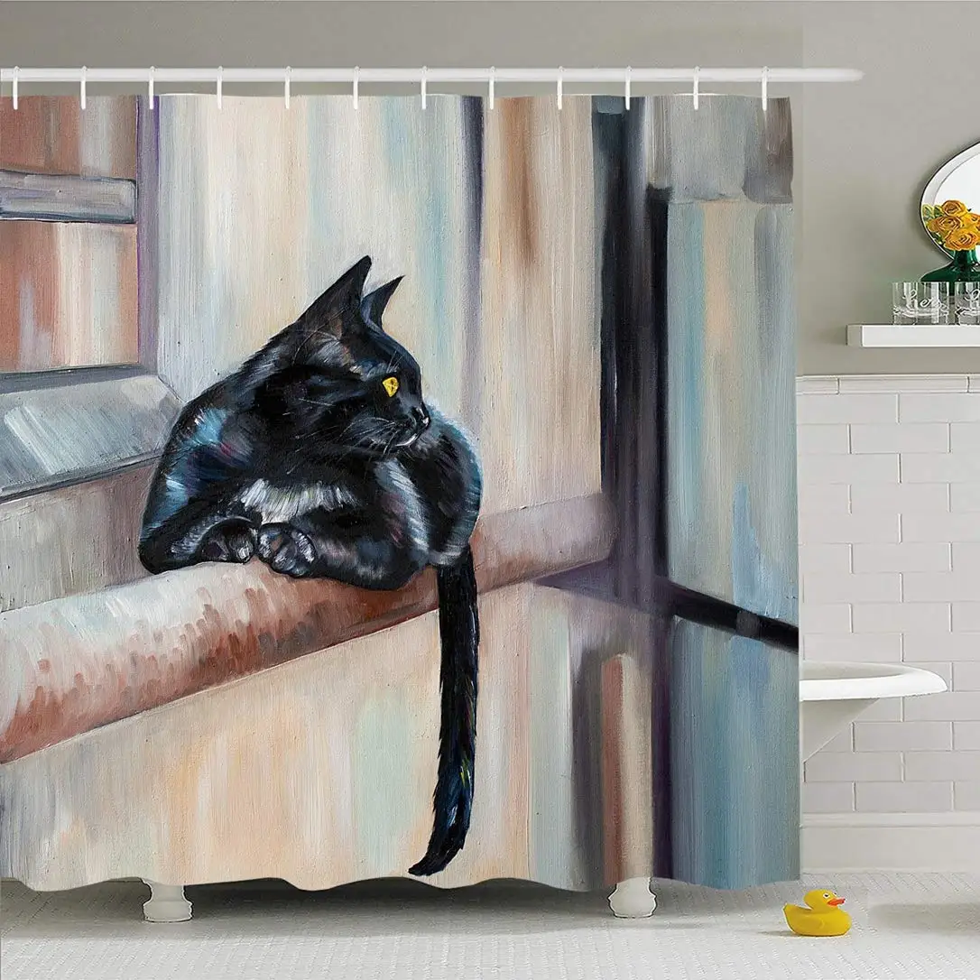 

Shower Curtain Set with Hooks 72x72 Fashion Black Color Artistic King Brush Oil Architecture Painting Animals Feline Pet Face