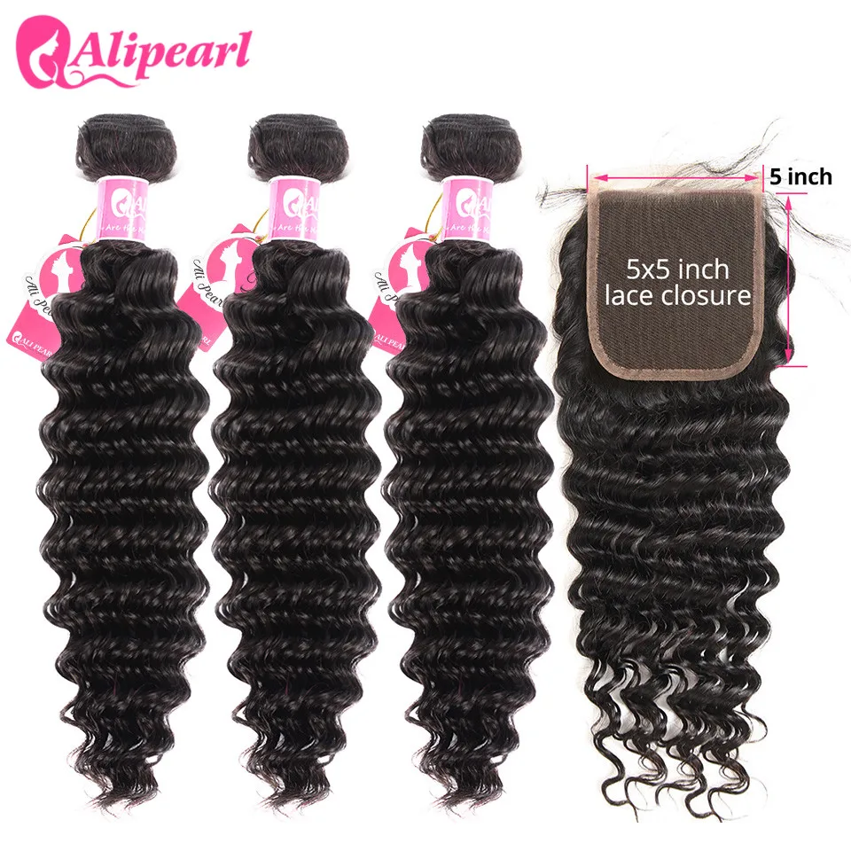 Deep Wave Bundles With 5x5 Closure Brazilian Human Hair 3 Bundles With Clos...