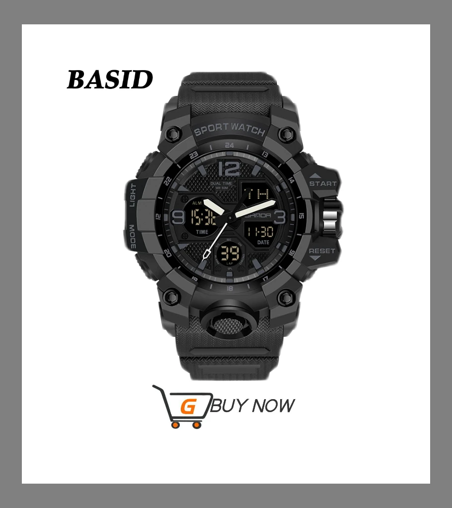 BASID Top Luxury Watches Men Stopwatch LED Quartz Digital Watch Waterproof Sport Wristwatches Men's Military Swimming Clock Male