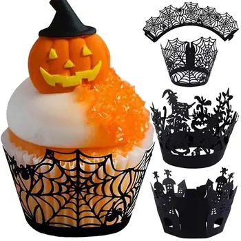 

12Pcs Halloween Hollow Spider Web Pumpkin Paper Cake Cup Wrappers Decoration