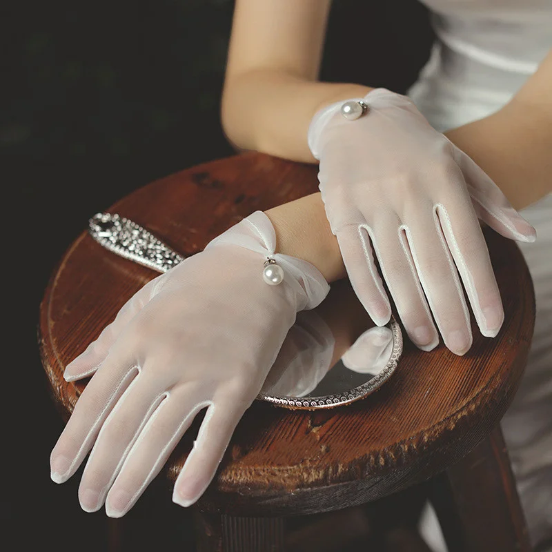 Bridal Gloves Wedding Gloves White Gauze Woman Thin Lace Ladies Fingered Pearl Wedding Accessories lace gloves,wedding dress gloves,wedding sleeve accessories