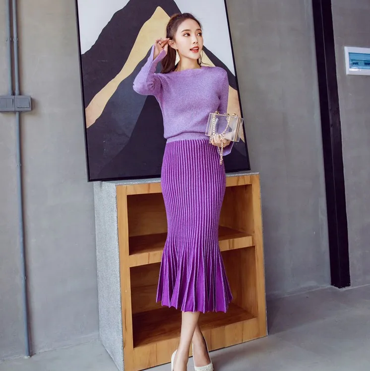 Autumn 2 Piece Set Women Suit Grey Purple Knitted Full Sleeve O Neck Top and Mermaid Midi Skirt Two Piece Set Elegant Vestidos