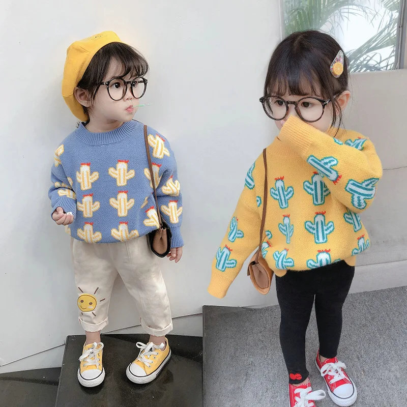 

Girls Sweater Cactus Core-Spun Yarn Knit Top Baby Kids Clothes 2021 Autumn And Winter New Children Clothing