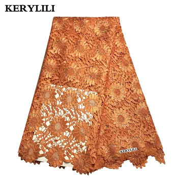 

Orange Sewing Craft African Cord Lace Fabric For Nigerian Party Guipure Rhinestones Dentelle Bridal Dress KRL-8004