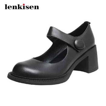 

Lenkisen european style natural leather button nightclub round toe thick high heel hook loop beauty lady mature women pumps L37