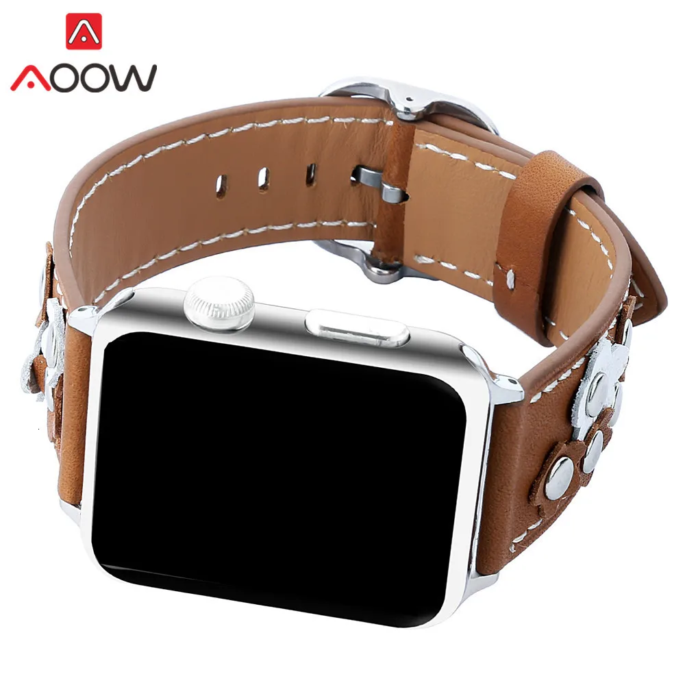 Ремешок для часов из натуральной кожи для Apple Watch, 38 мм, 42 мм, с заклепками, украшенный цветами, для женщин и мужчин, для замены, для мужчин, ремешок для iwatch 1, 2, 3