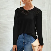 

2021 New Autumn Winter Round Neck Long Sleeve Lace Stitching Shirt Tops Casual Loose Plus Size Women Fashion Solid Color Blouse