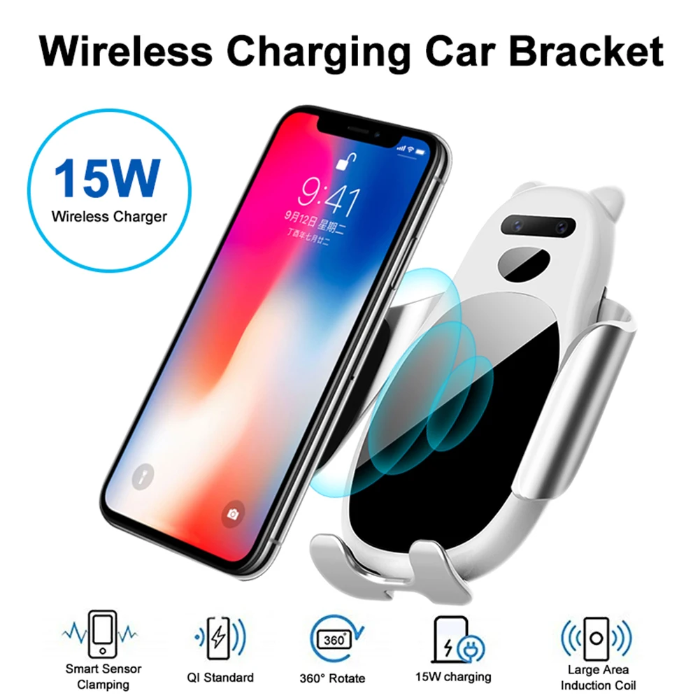 

C0 15W Car Wireless Charger Infrared Automatic Induction Car Panda Shape Phone Quick Charging Holder For Iphone Xs Samsung S10
