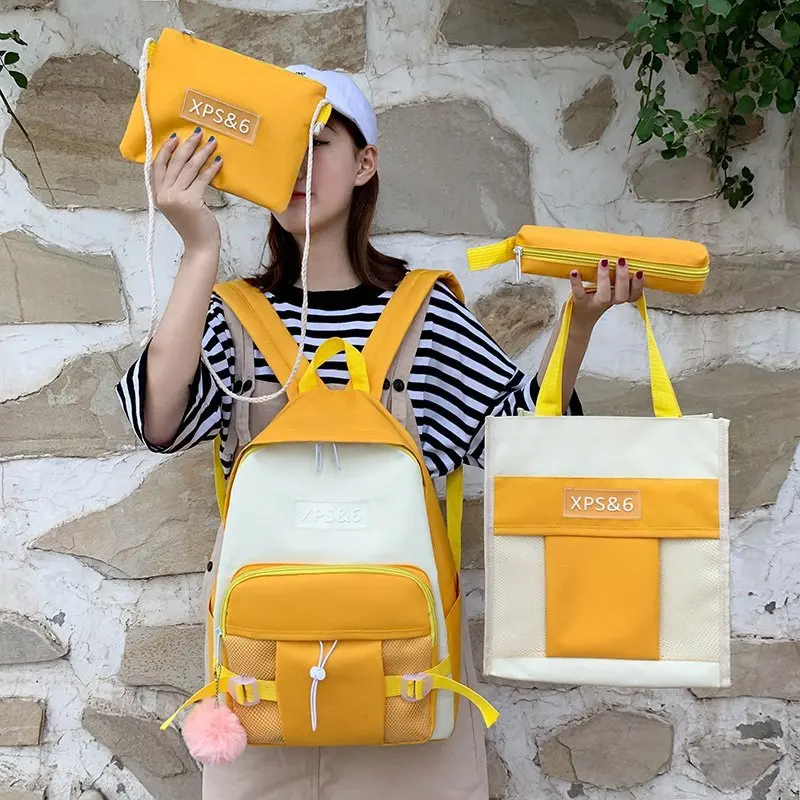 

Canvas Backpack Mochilas Female Korean Version Stitching Color Leisure Backpack College Style High School Student Schoolbag 4pcs