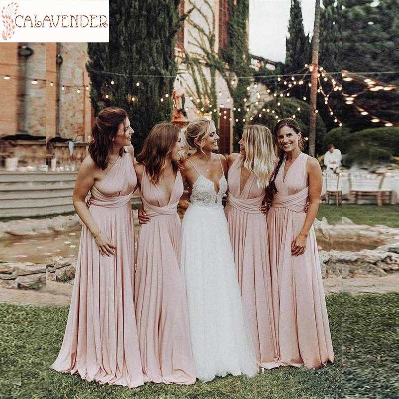 

Sexy V-Neck Blush Pink Bridesmaid Dresses Jersey A Line Dresses Woman Party Night Floor Length Vestido De Mujer
