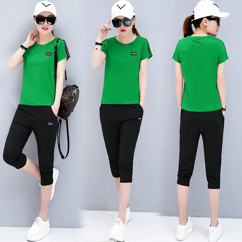 

Sports WOMEN'S Suit Korean-style Casual Short Sleeve Capri Pants Summer Running Trousers Two-Piece Set Fashion
