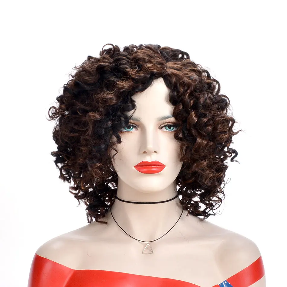 

Alizing jerry curly hair wig black brown Intermediate color high temperature synthetic fiber hair wig for Africa woman wig 7028