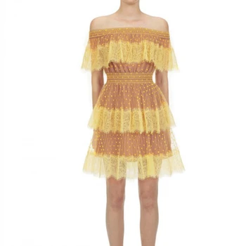 

woman yellow lace dress summer 2020 sexy off shoulder dresses