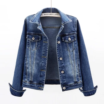 

Plus size Short Denim Jacket Women Vintage Washed Elasticity Long sleeve Jeans Jacket Female Basic Coat Spring Chaqueta Mujer