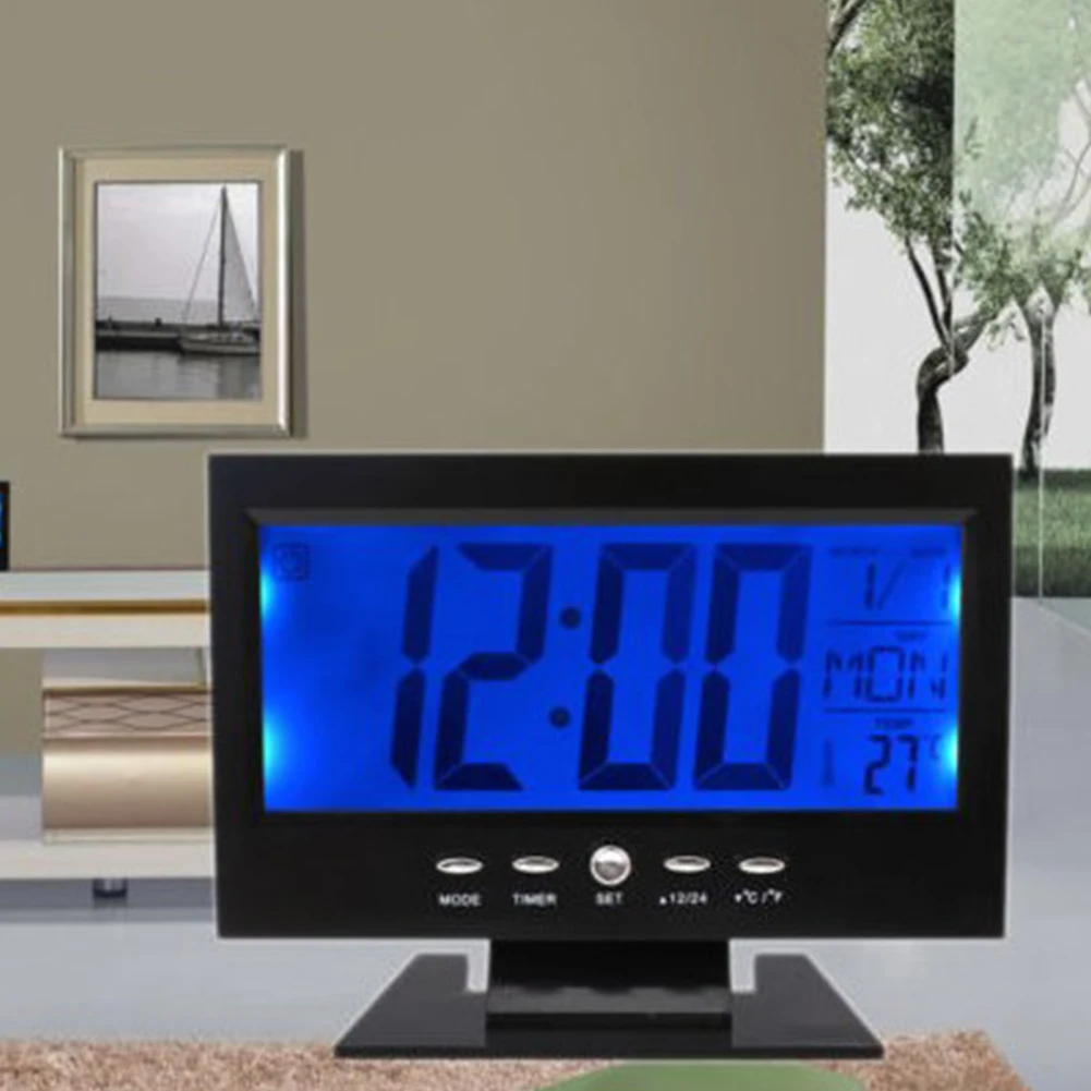 Alarm Clock Temperature LCD Display Backlight Digital Battery Powered Electronic Decorative Rectangle Shape Home Snooze Function